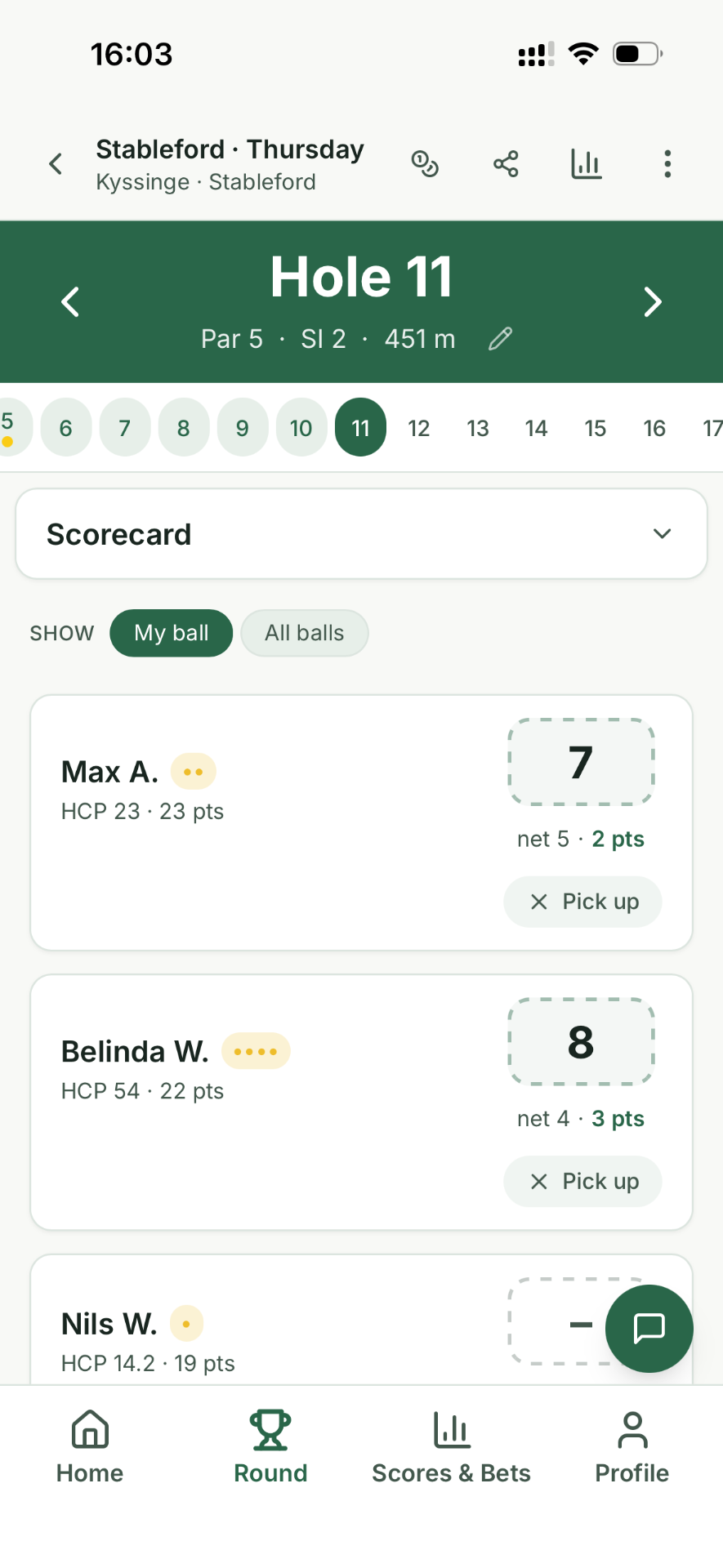 Live-scorekort i Golf with Mates: en poängbogey-rond på Kyssinge, hål 11.